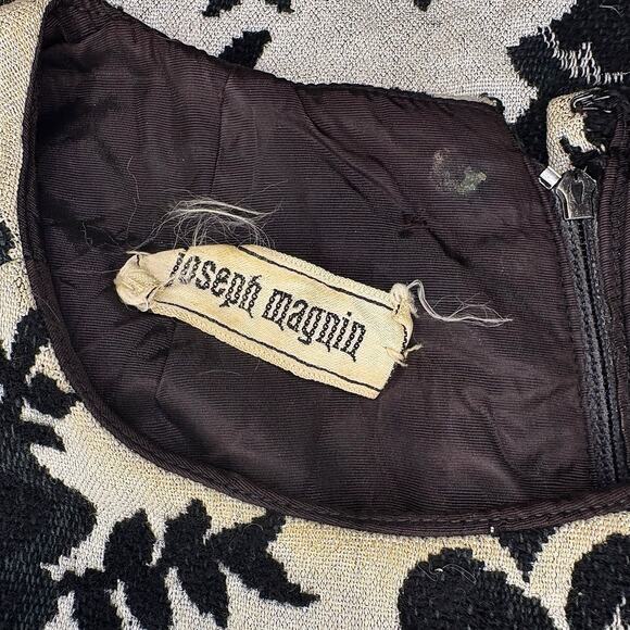 Vtg Joseph Magnin Tapestry Sleeveless Sheath Dress Medium White Black Floral 60s - Picture 13 of 14